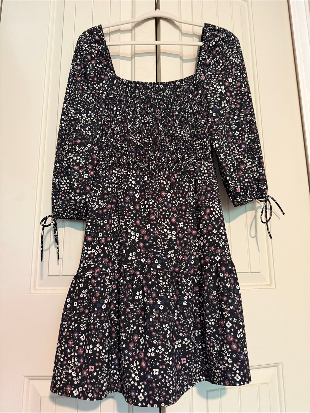 Topshop Black Floral Smocked Dress off the Shoulder